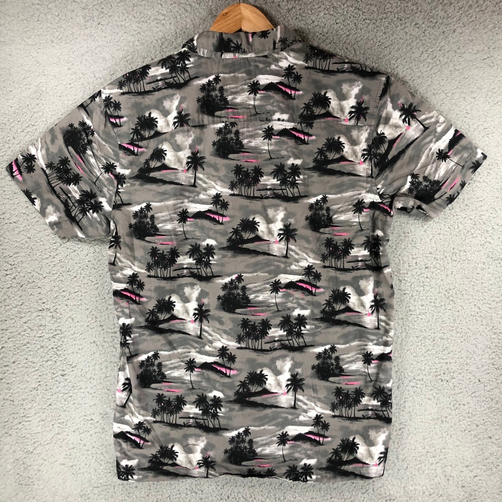 Hurley Mens Short Sleeve Button Down Shirt Gray Pink Tropical Island Palm Tree M - Picture 2 of 10